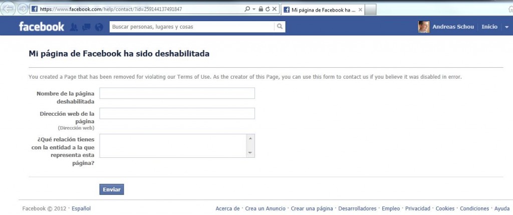 Formulario: Mi pagina de Facebook ha sido deshabilitada