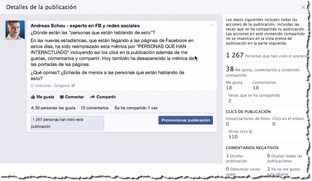 Detalles de la publicacion en las nuevas estadisticas de Facebook