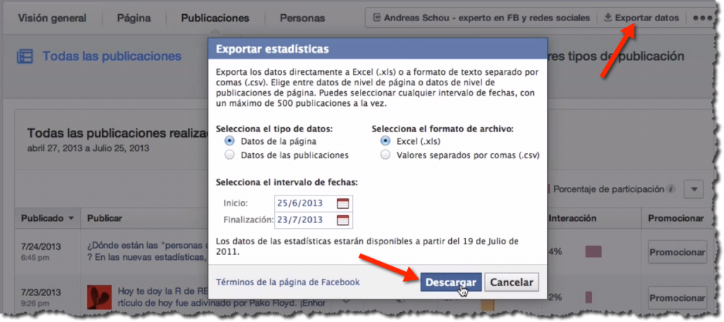 Exportar datos en las nuevas estadisticas de Facebook