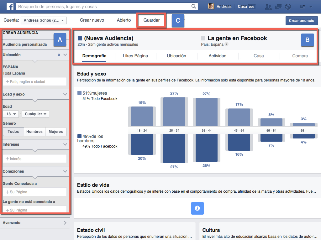 Facebook Audience Insights en español - paneles para segmentar explorar guardar publicos